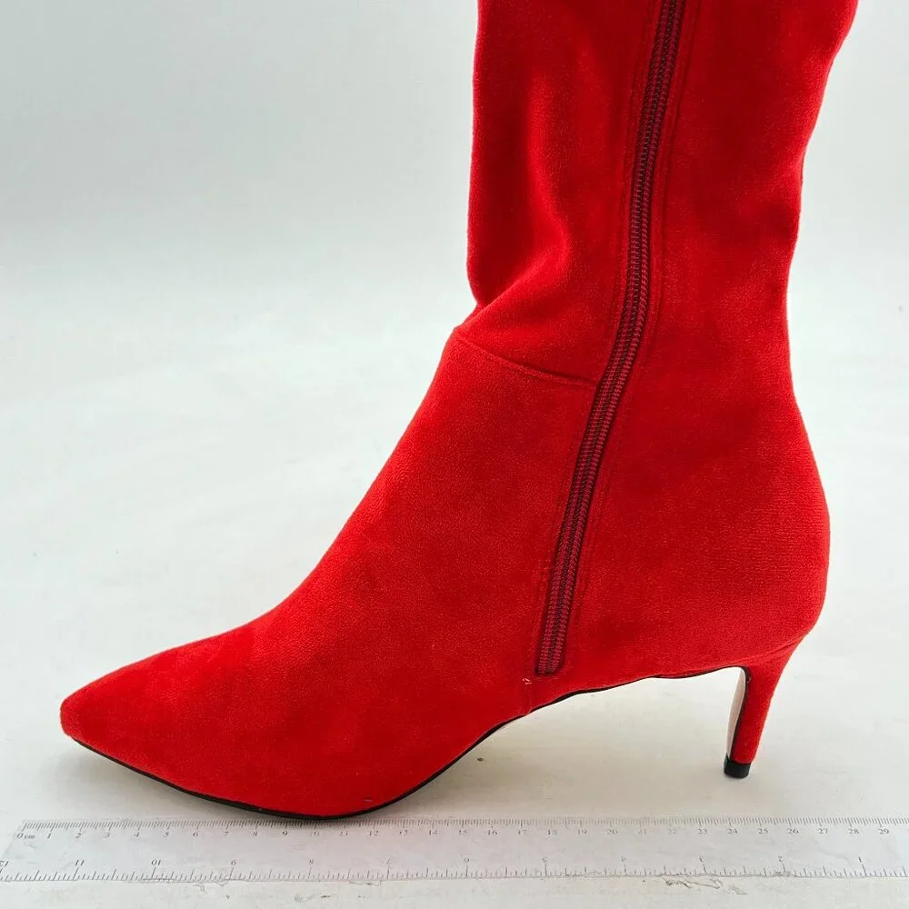 Red Suede Pointed Toe Over The Knee Boot Side Zip Mid Heel Thigh High Boots
